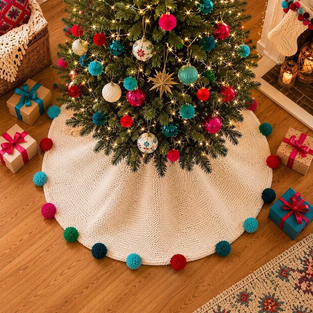 Hobby Lobby White Knit Christmas Tree Skirt with Multi-Color Pom Poms 9173170